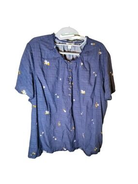 EUC Women's Plus Size 3X Sonoma Blue Floral Blouse Flutter Short Sleeve Top 002